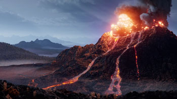 Chaos V-ray simulation of volcano erupting at night