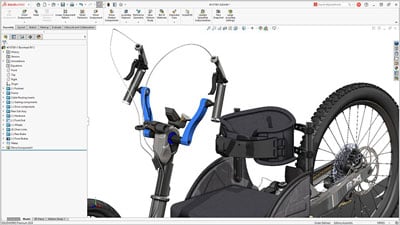 SOLIDWORKS Design CAD software screenshot of hand bike design