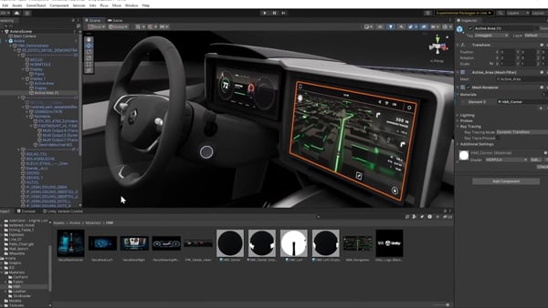 Unity Editor interface being used to design and develop a 3D digital car cockpit and infotainment human-machine interface (HMI)