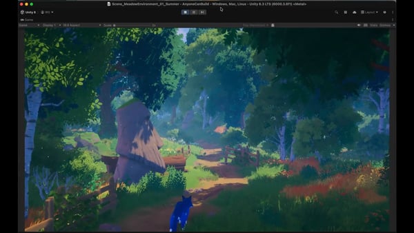a stylized 3D forest environment displayed inside the Unity game editor