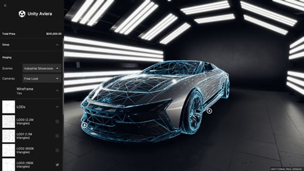 3D wireframe and render of a concept car