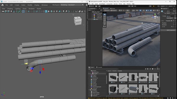 side-by-side workflow demonstrating 3D asset creation and importing into unity from Autodesk Maya