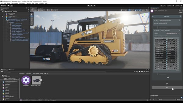 3D model of a yellow tracked skid-steer loader being edited or viewed inside unity