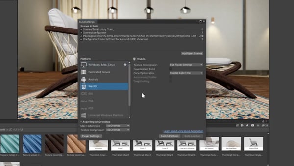 the Build Settings window inside the Unity game engine editor