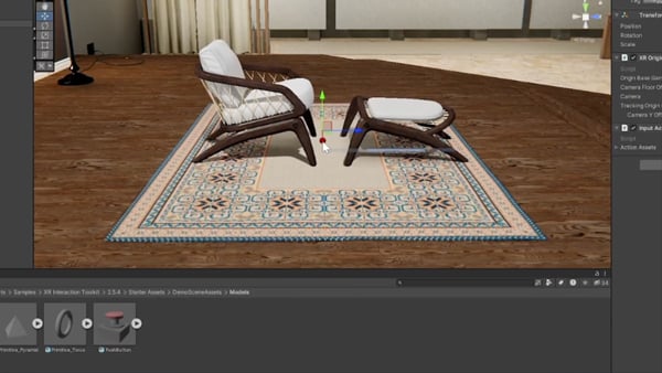 a wooden armchair with a white cushion and matching footstool placed on an ornate rug inside the unity interface