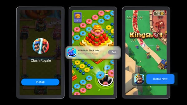three smartphone screens displaying mobile game advertisements and interfaces