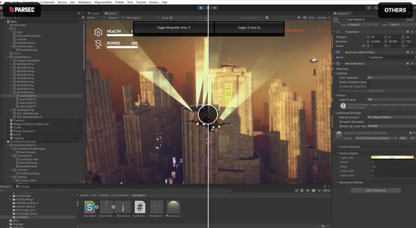 Unity Editor interface displaying a 3D scene with volumetric lighting and an urban skyline backdrop