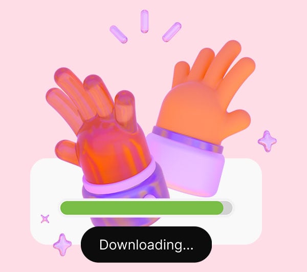 stylized 3D pair of hands waving in front of a green loading progress bar and downloading button