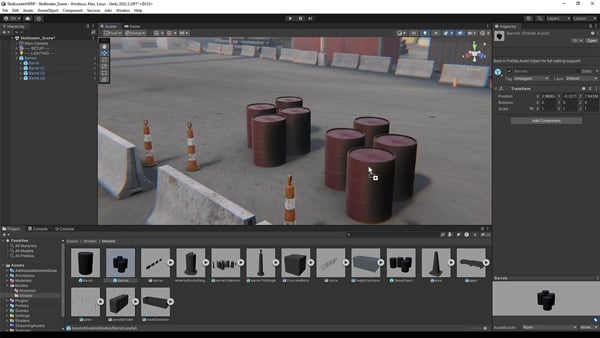 Unity game engine editor interface being used to place and arrange 3D assets of barrels and traffic cones in a scene