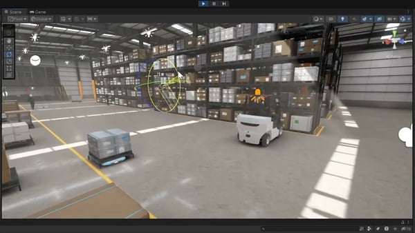 lighting being adjusted in a 3D industrial warehouse simulation running inside the Unity Editor interface