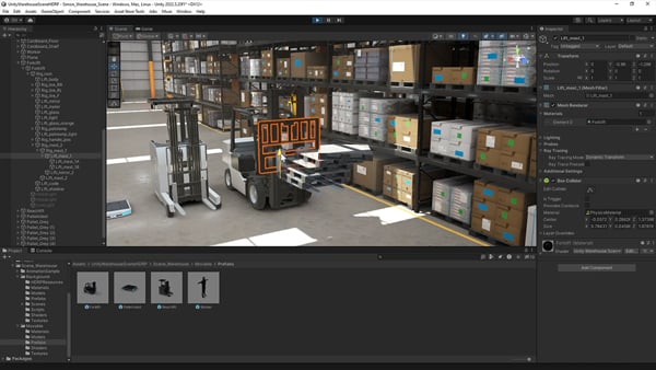 simulation of a a 3D warehouse environment with forklifts and shelving units with the unity engine