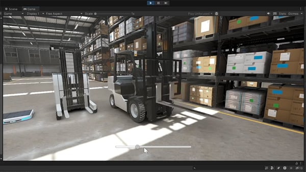 a virtual warehouse environment running a 3D simulation of a forklift within the unity engine