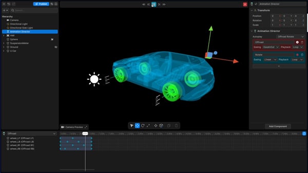 Unity Studio interface showing a car model