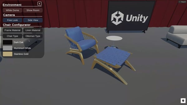 real-time 3D chair configurator interface inside of unity studio