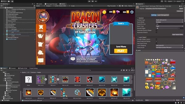 Unity Editor running the Dragon Crashers UI Toolkit