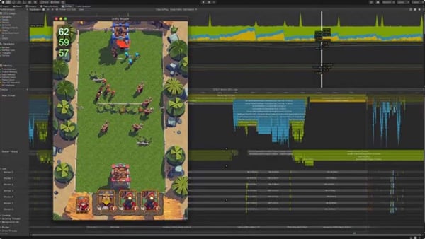 unity running a 2D top-down tactical game preview alongside performance graphs