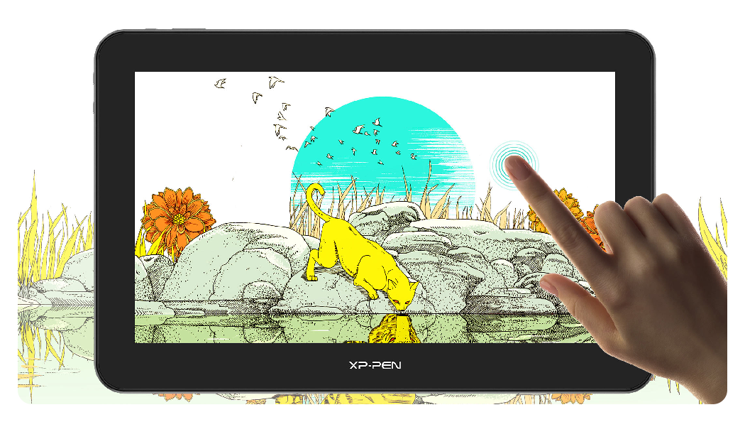 someone using touch controls on the xp pen drawing tablet