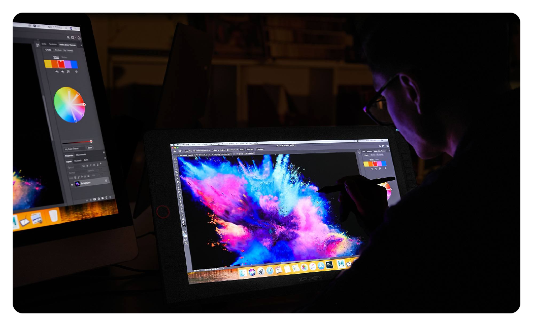 someone using the xp pen artist 22r pro in a dark room