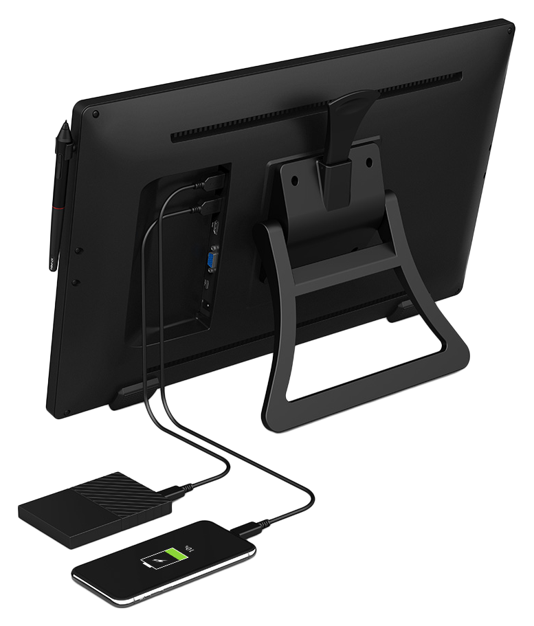 external hard drive and phone connected to the back of the xp pen artist 22r pro