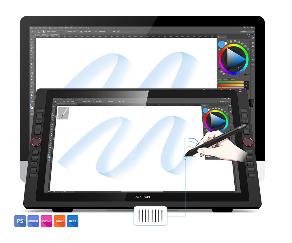 illutsration of someone drawing on the xp pen artist 22r pro with extra pen nibs