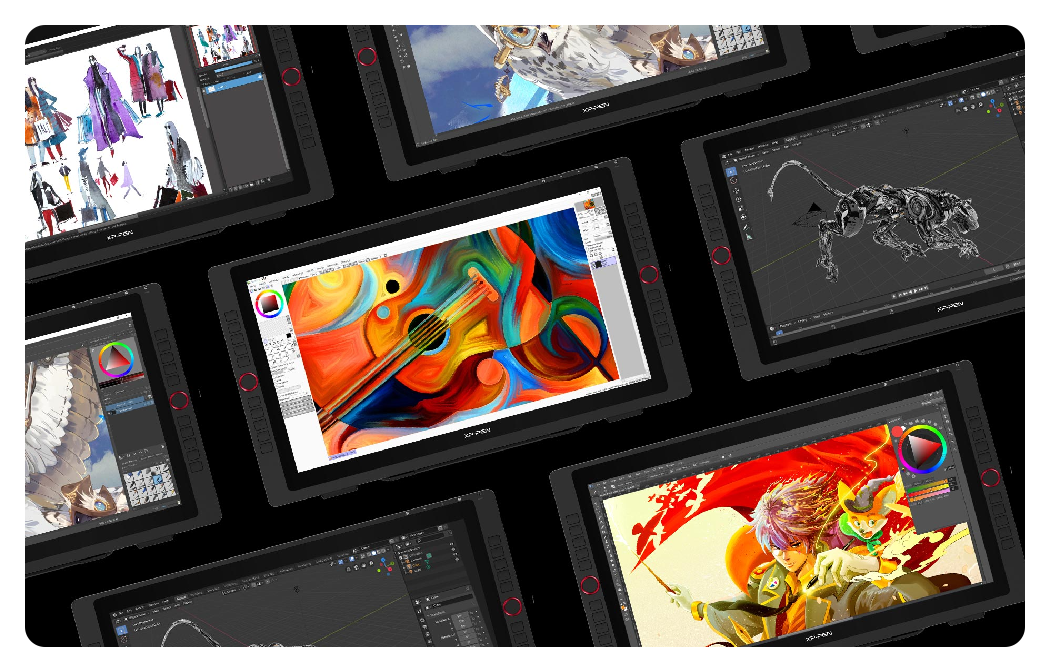 numerous xp pen artist 22r pro's with compatible software running on them