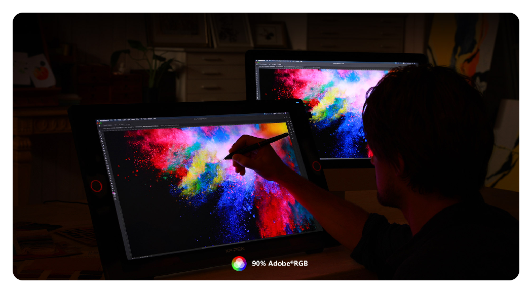 someone using the xp pen artist 24 pro in a dark room