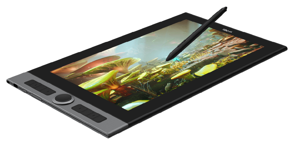 angled view of the xp pen artist pro 16 with the stylus touching the screen