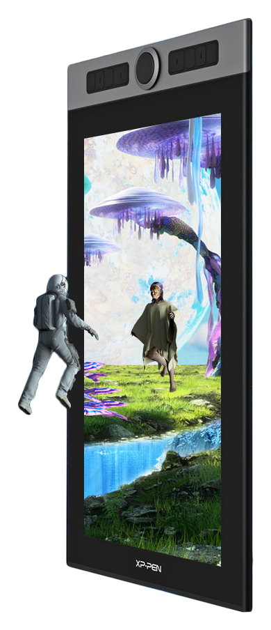 angled portrait view of the xp pen artist pro 16 with a space man hovering just outside