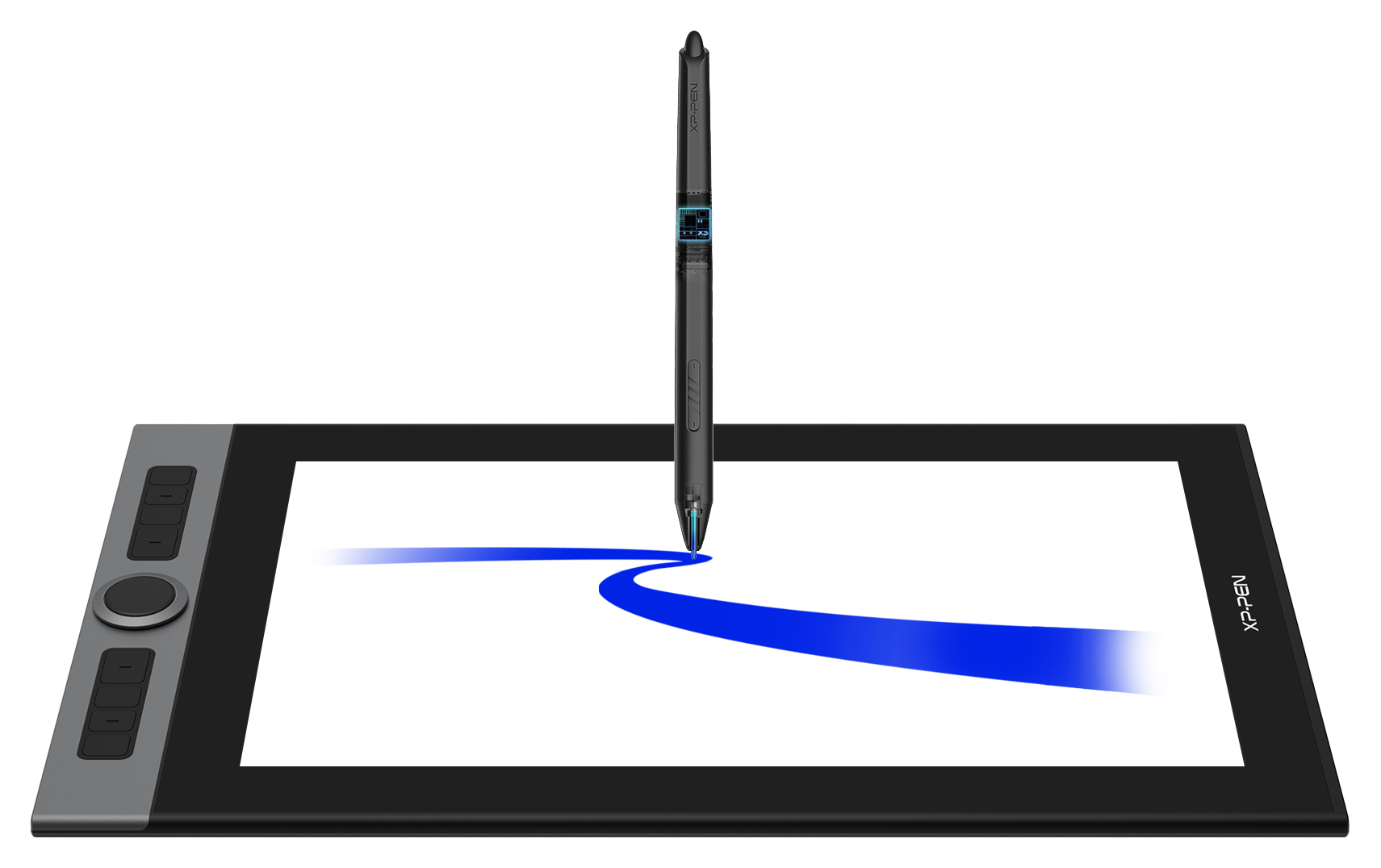 angled view of the xp pen artist pro 16 with the pen drawing on the screen