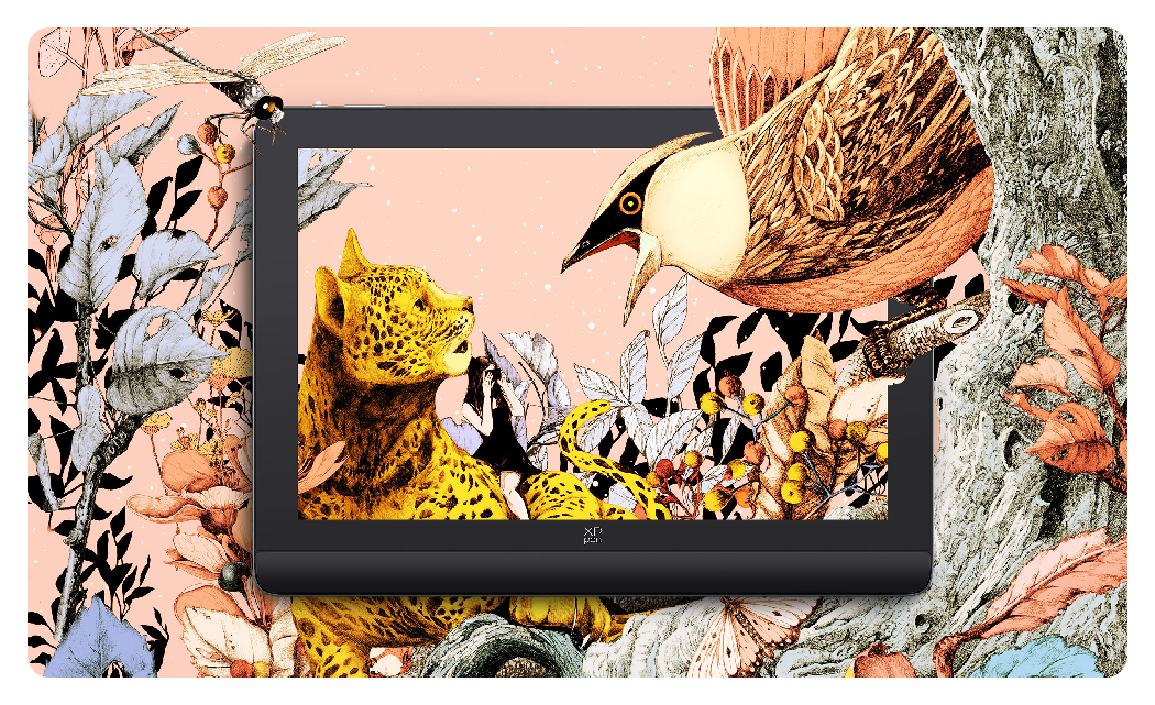 illutstraion of a jungle scene spilling out of the xp pen artist 16 2nd gen