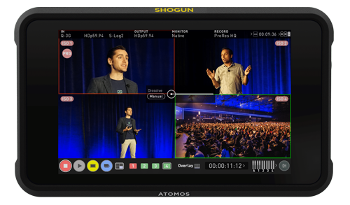 atomos shogun classic with 4 video source previews of live presentation