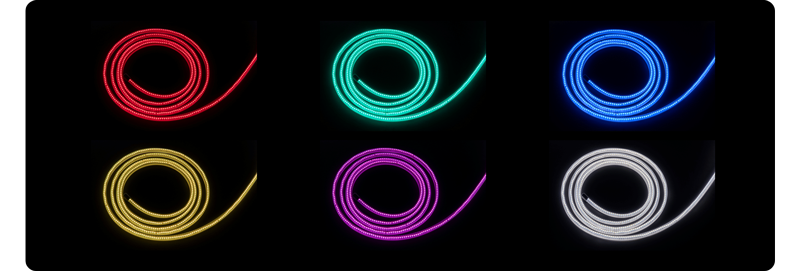 Atomos Sun Dragon Light strips showing Red, Green, Blue, Amber, Purple, White Lights on Black background