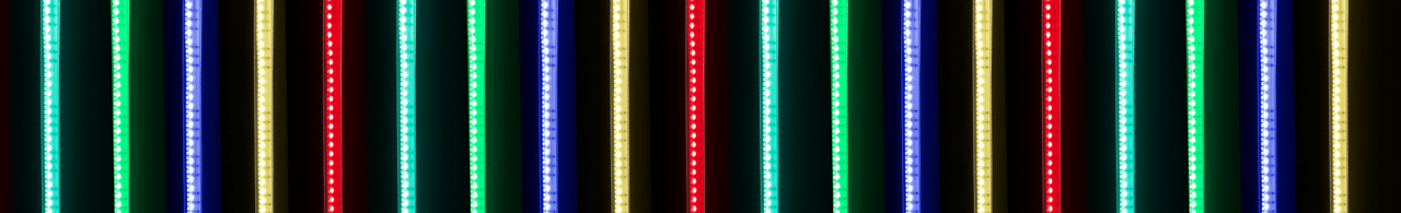 Atomos SunDragon LED Strips on black background showing Red, Green, Blue, Amber Colours