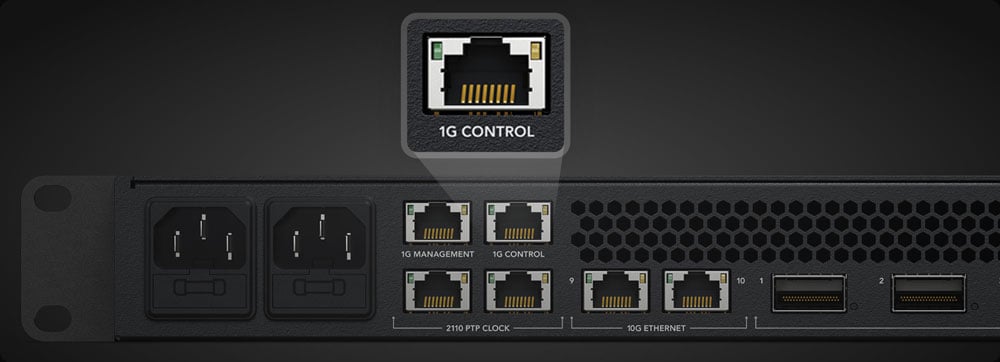 rear view of the blackmagic ethernet switch with a close up of the 1G control port