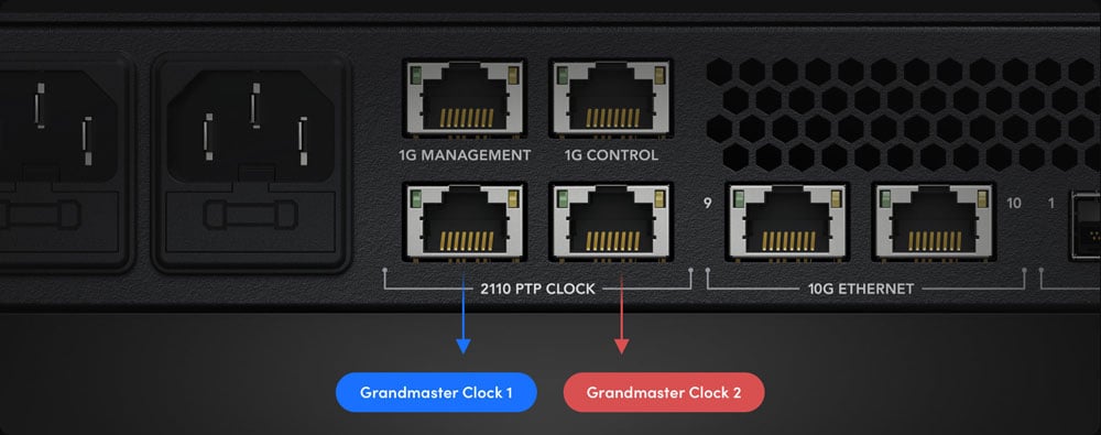 close up of the 2110 PTP Clock ports on the back of the blackmagic ethernet switch