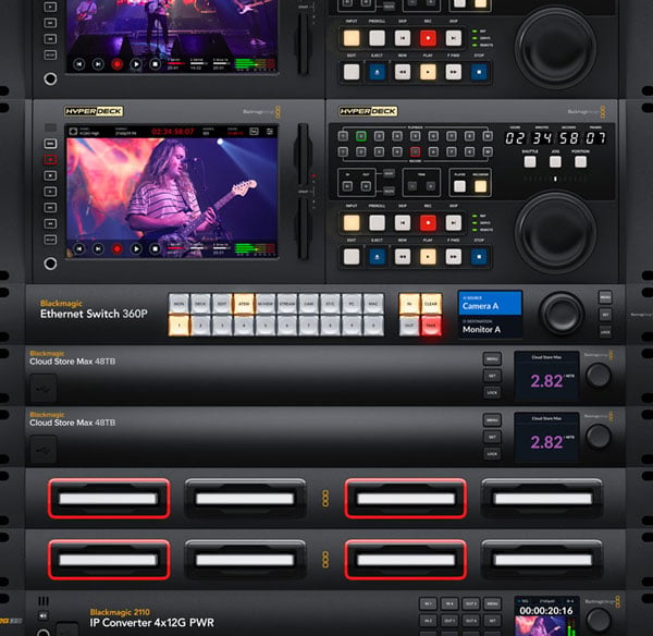 blackmagic ethernet switch inside a rack unit with other blackmagic products