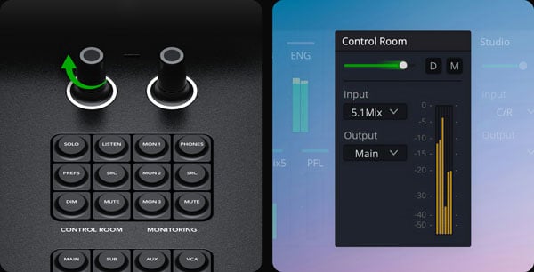 Audio control interface showing hardware knobs and control room settings