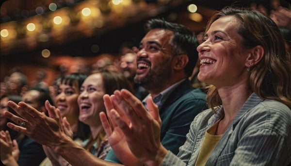 Happy crowd applauding and laughing at a live show