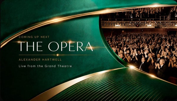 Green and gold promo graphic for Alexander Cantrell's The Opera live from the Grand Theatre