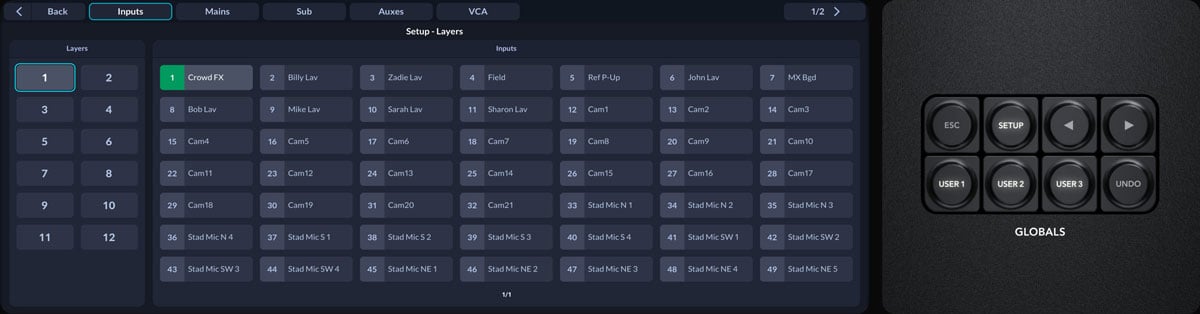 Digital audio mixing console touchscreen interface showing the Setup Layers configuration grid with inputs, vcas, and physical global control buttons