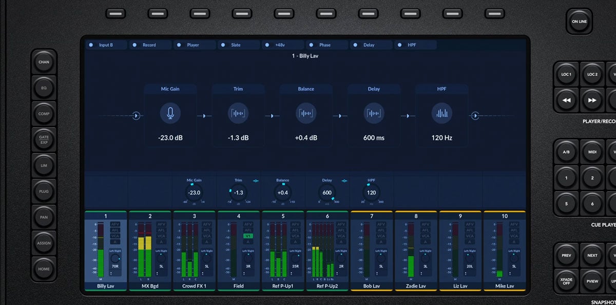A professional digital audio mixing console interface displaying audio track parameters, level meters, and signal processing settings on a bright LCD screen