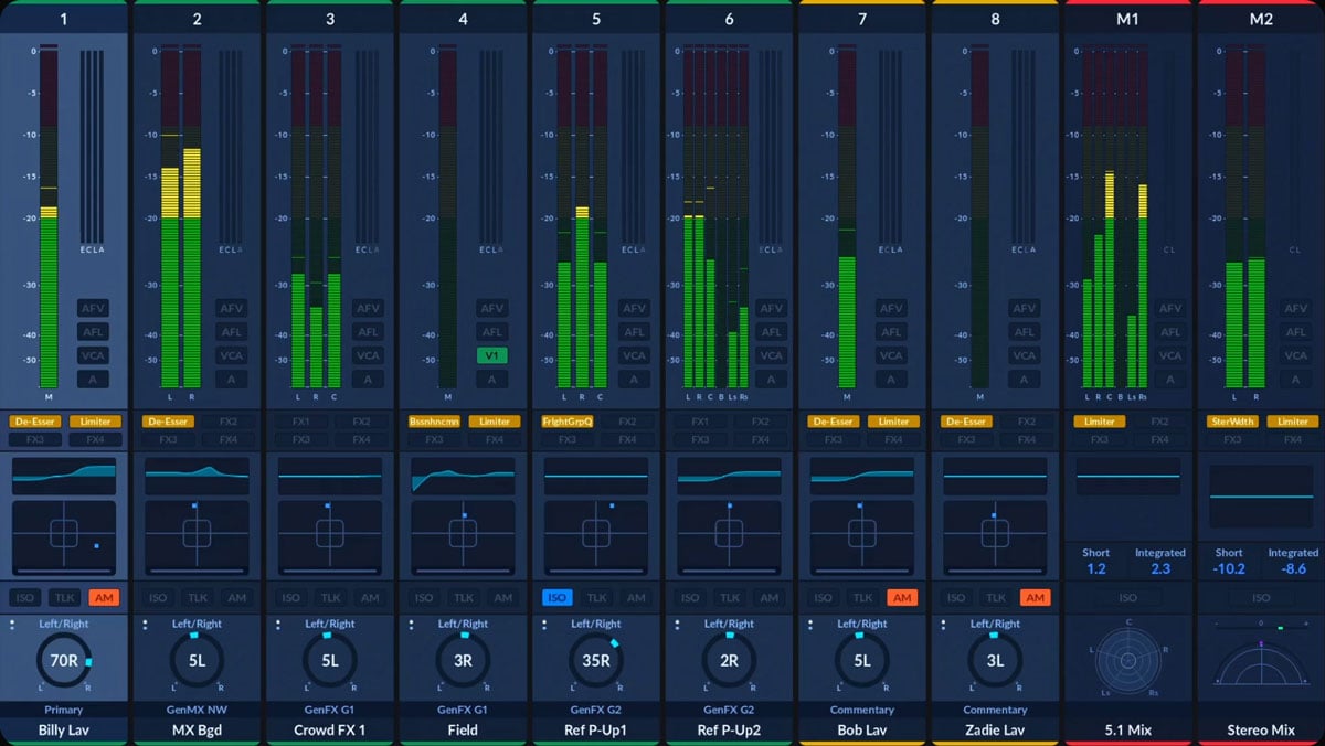 Fairlight audio mixer interface in DaVinci Resolve