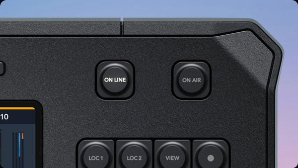 Close-up of the Blackmagic Design fairlight panel corner showing the ON LINE and ON AIR buttons
