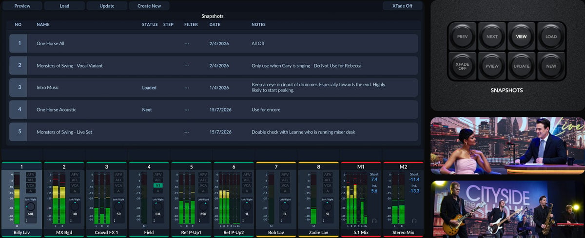 Digital audio mixing console software interface displaying channel levels and snapshot cue lists next to live broadcast video feeds