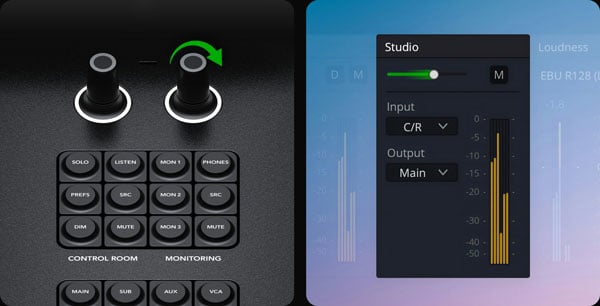 Audio control interface showing hardware knobs and studio settings