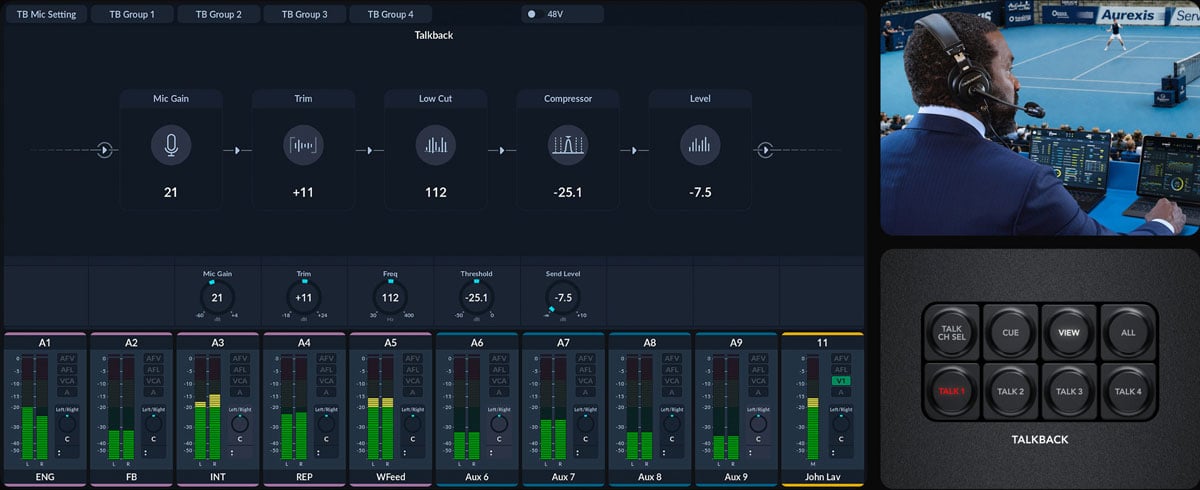 Digital audio mixing interface showing talkback settings, microphone gain controls, and audio levels next to a broadcast commentator