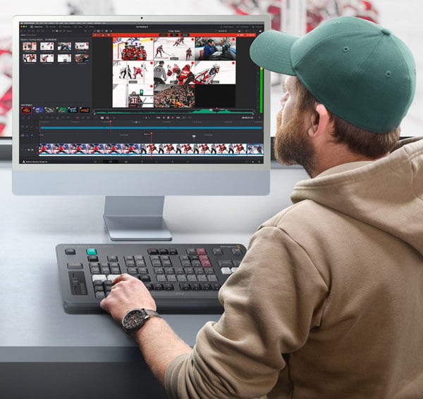 somone editing footage of the hockey game using live using the blackmagic hyperdeck