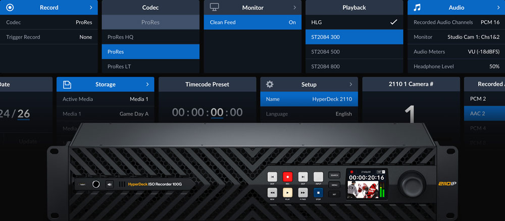front view of te blackmagic hyperdeck with blackmagic os ui above it