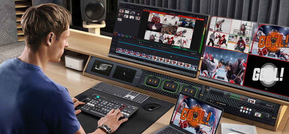someone in a studio editing footage of a hockey game usind davinci resolve