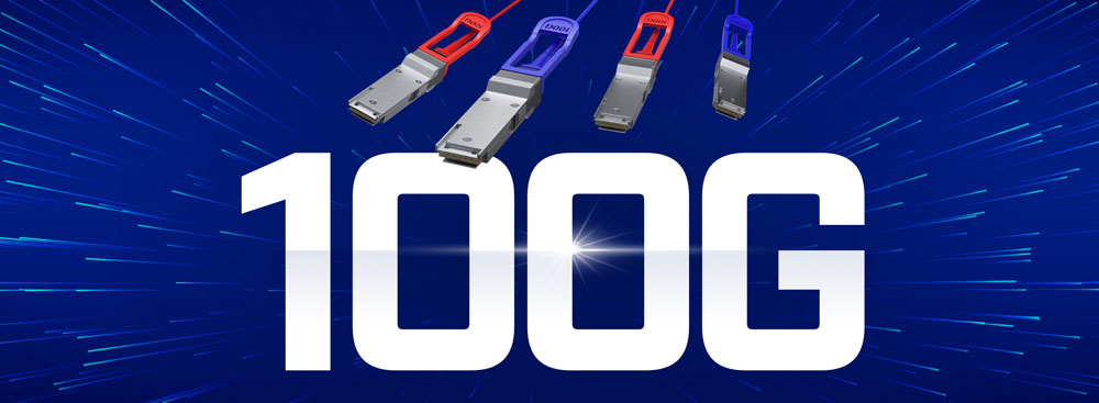 100g ethernet connectors with the words 100G on a blue background